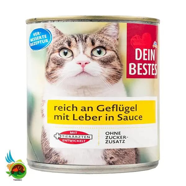 کنسرو گربه دین بستس با طعم گوشت پرندگان و جیگر در سس Dein bestes reich an geflugel mit leber in sauce وزن ۴۱۵ گرم