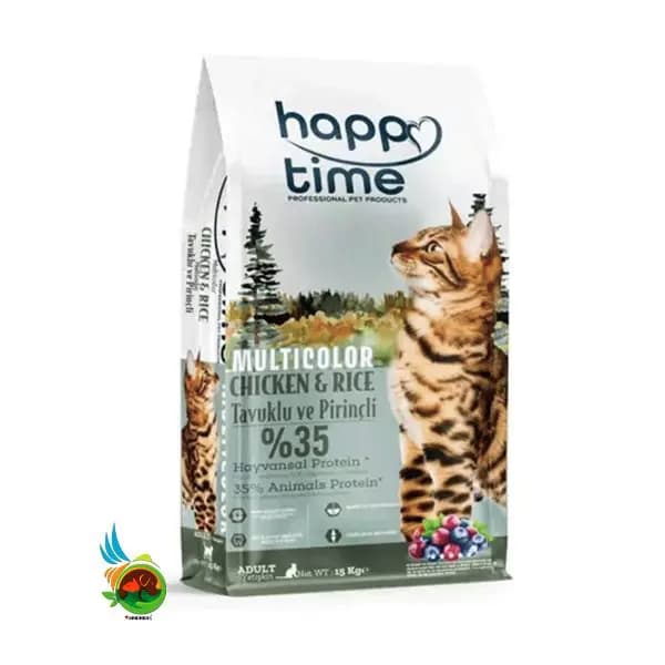 غذای خشک گربه هپی تایم مولتی کالر طعم مرغ و برنج Happy time multicolor وزن ۱ کیلوگرم (فله ای)