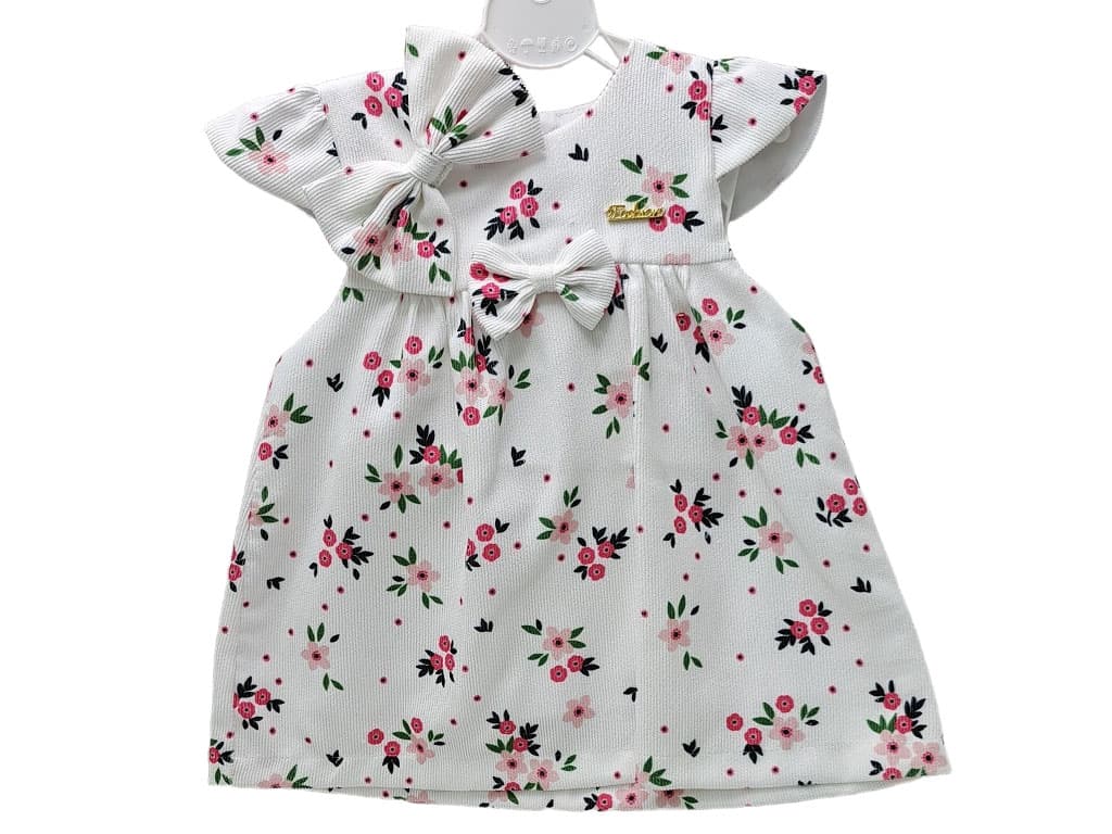 پیراهن مخمل نوزادی دخترانه رنگ سفید طرح گل های صورتی به همراه گل سر انبری