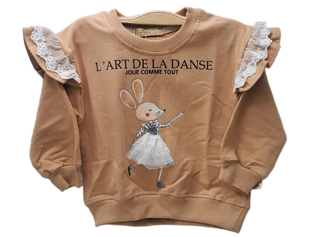 بلوز آستین بلند دورس دخترانه رنگ نسکافه ای طرح موش