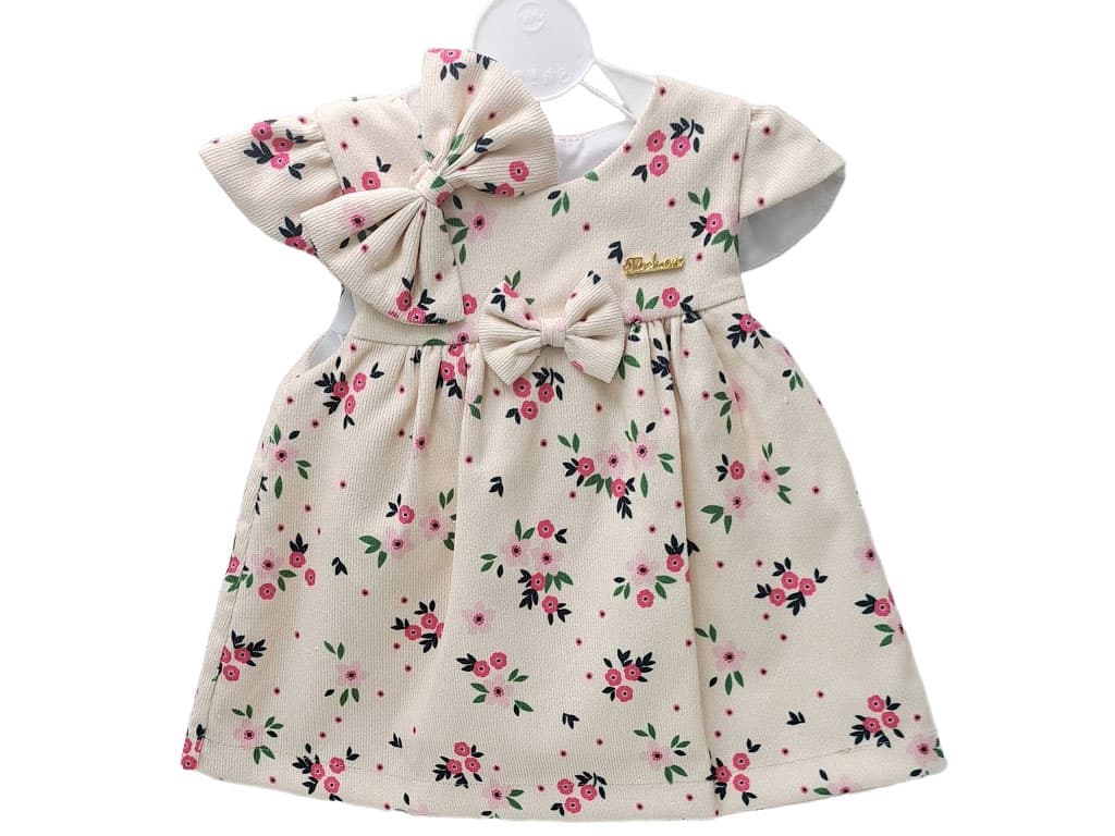 پیراهن مخمل نوزادی دخترانه رنگ کرم طرح گل های صورتی به همراه گل سر انبری