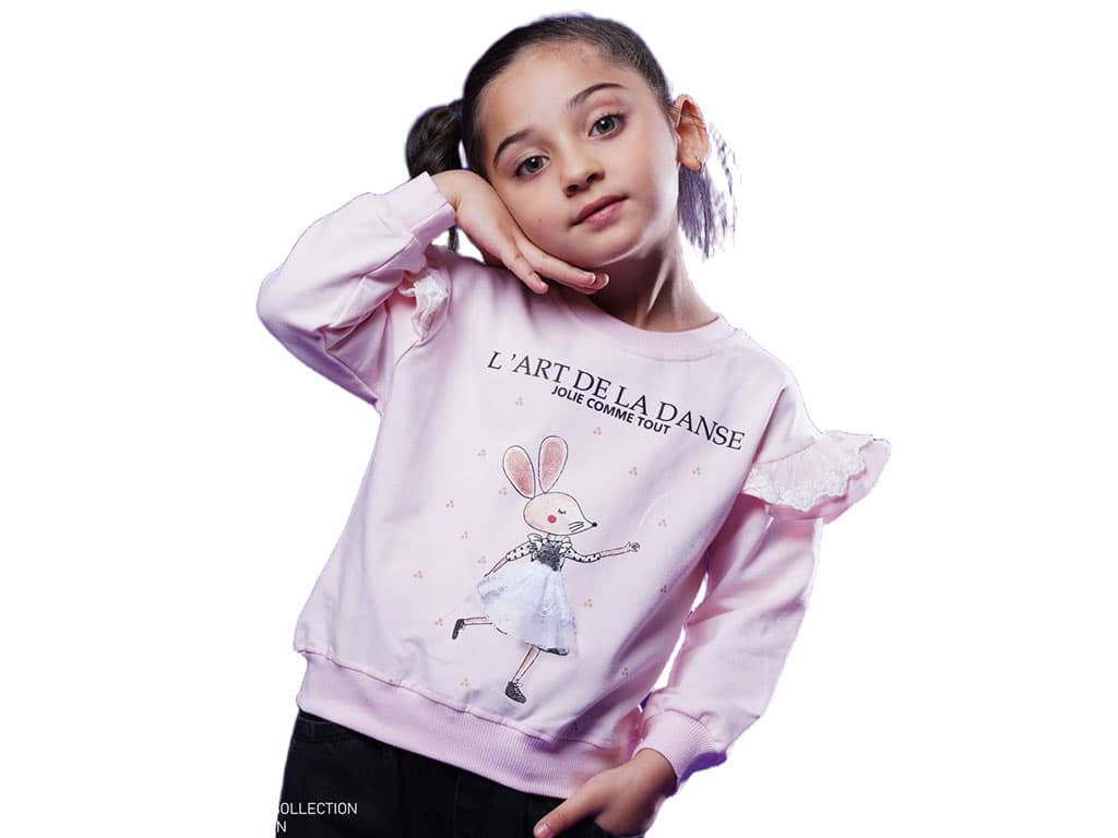 بلوز آستین بلند دورس دخترانه رنگ صورتی طرح موش