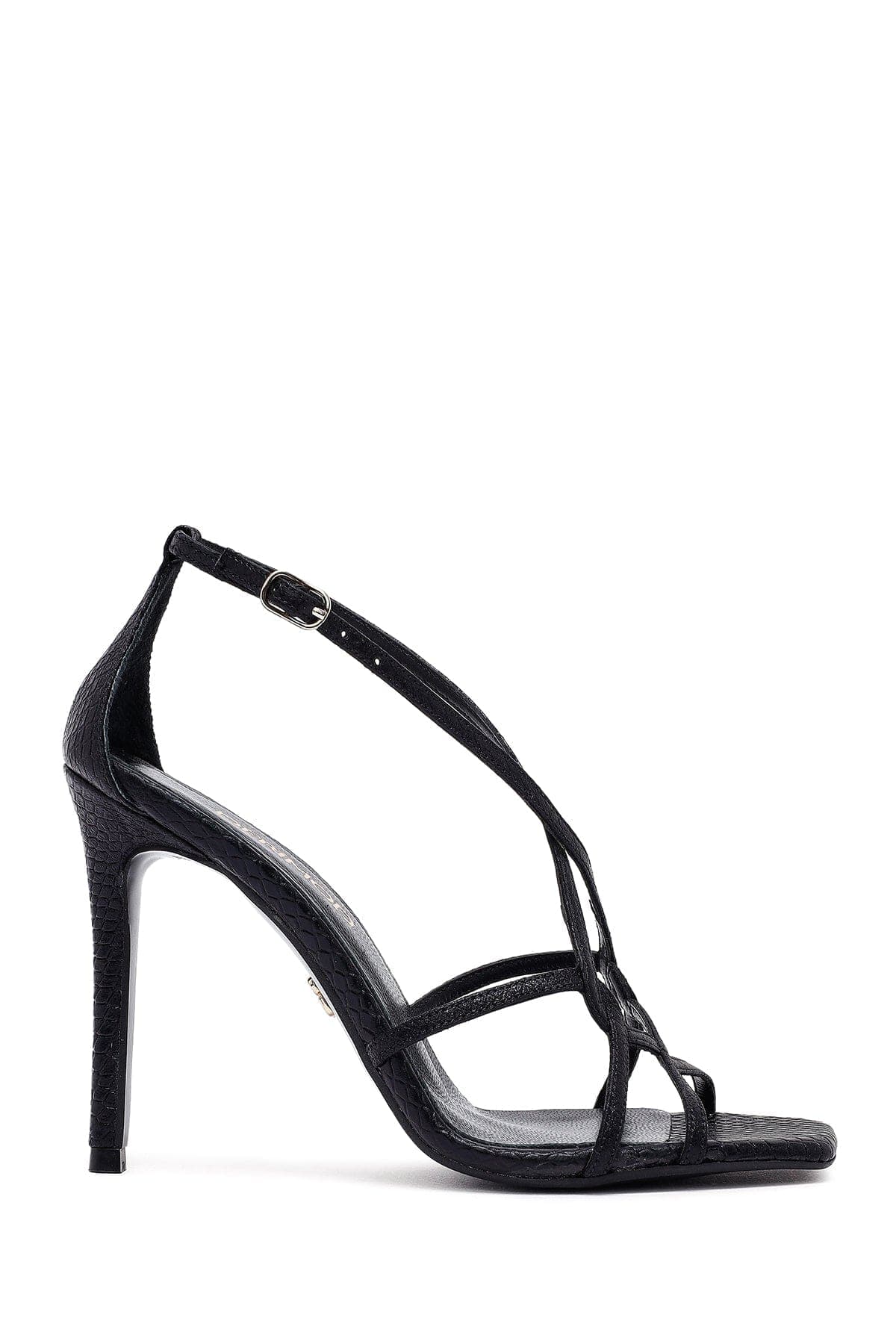 صندل زنانه مشکی چرم متالیک پاشنهنازک بنددار دری مد