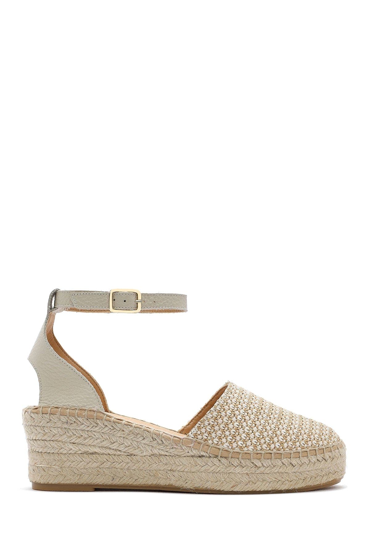 صندل زنانه بژ بنددار پاشنه لژ کنفی چرم دری مد