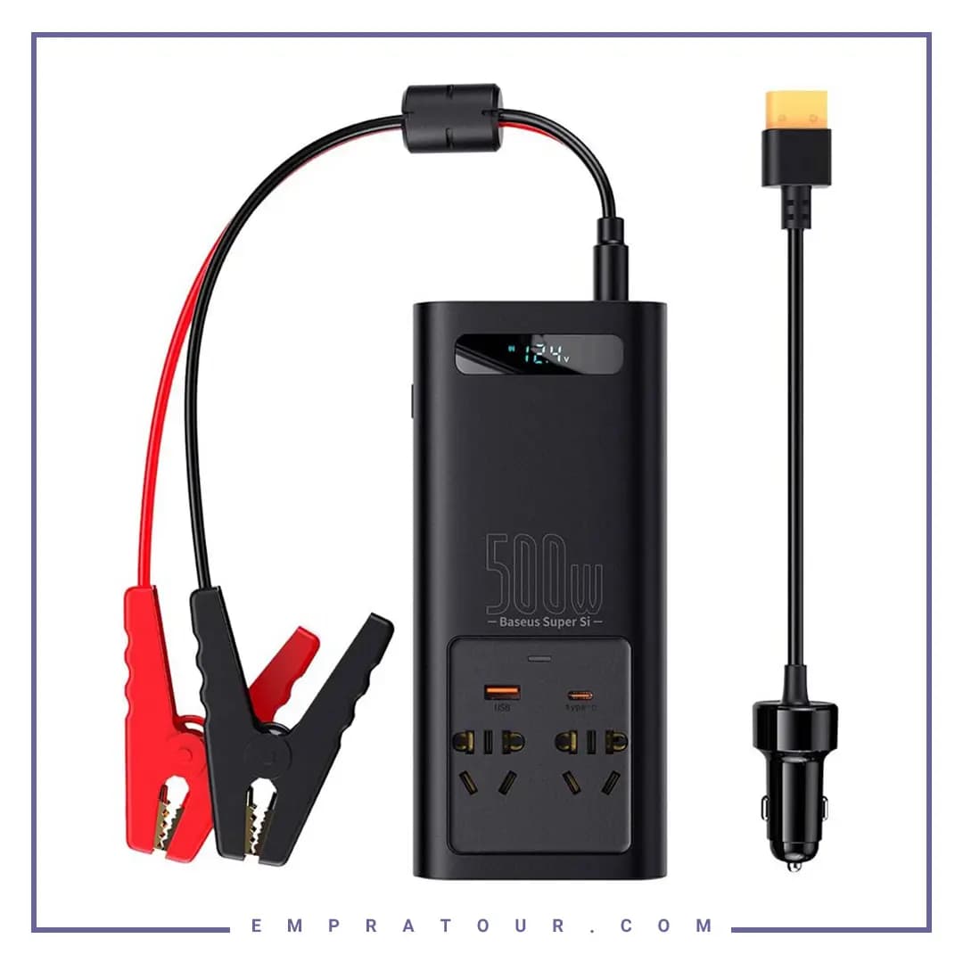 اینورتر و شارژر فندکی فست شارژ ماشین تایپ سی چند کاره 500 واتی بیسوس CGNB000101