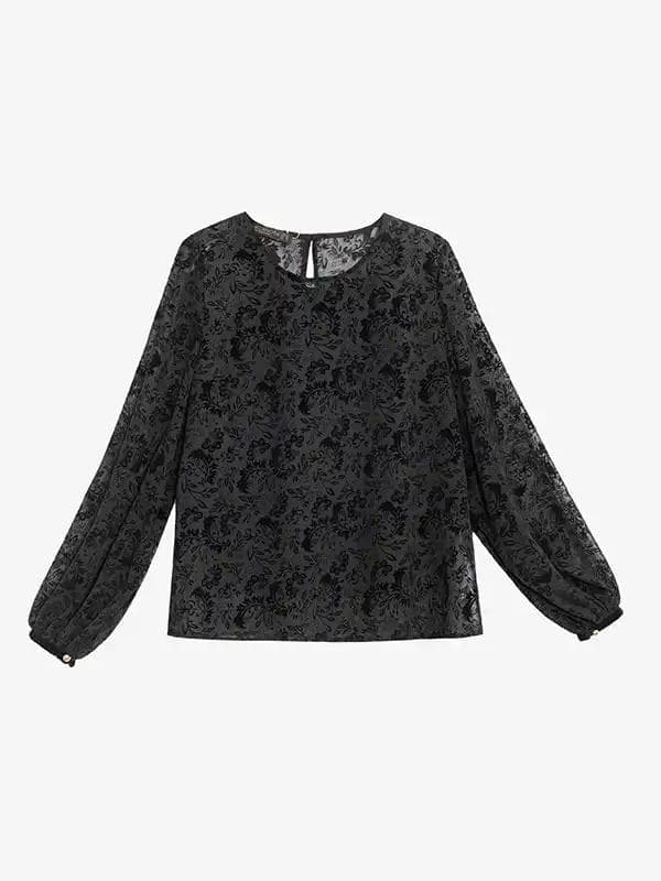 بلوز زنانه آستین بلند حریر طرحدار یقه گرد 40100 برنس