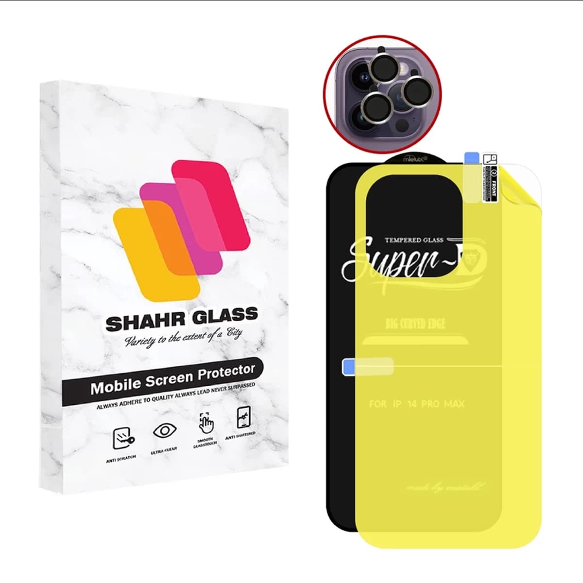 گلس گوشی اپل iPhone 14 شهر گلس مدل 3SNR به همراه محافظ پشت گوشی و محافظ لنز دوربین