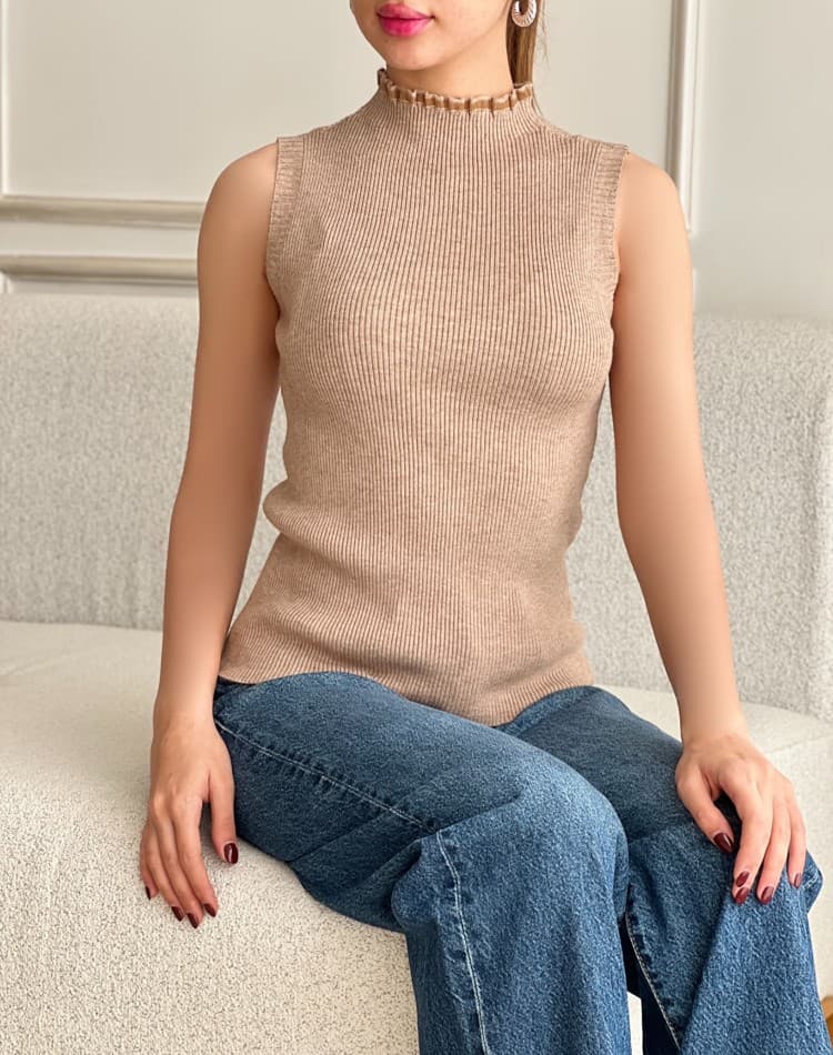 تاپ بافت موهر یقه ایستاده توری