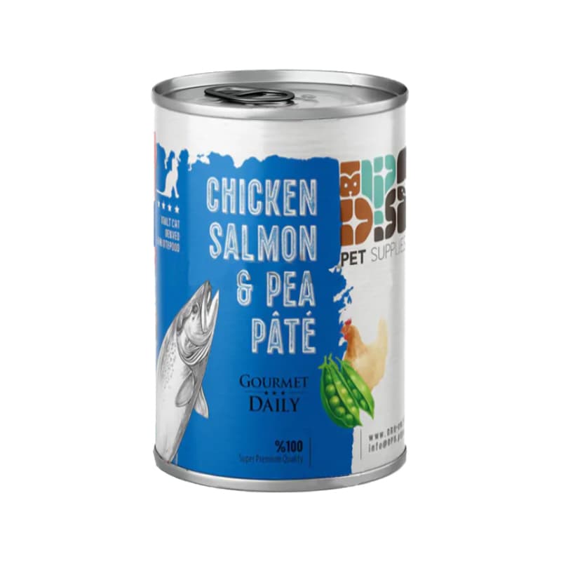 کنسروغذای گربه دی پی اس مدل پته با طعم گوشت مرغ و سالمون و نخود فرنگی وزن 400 گرم