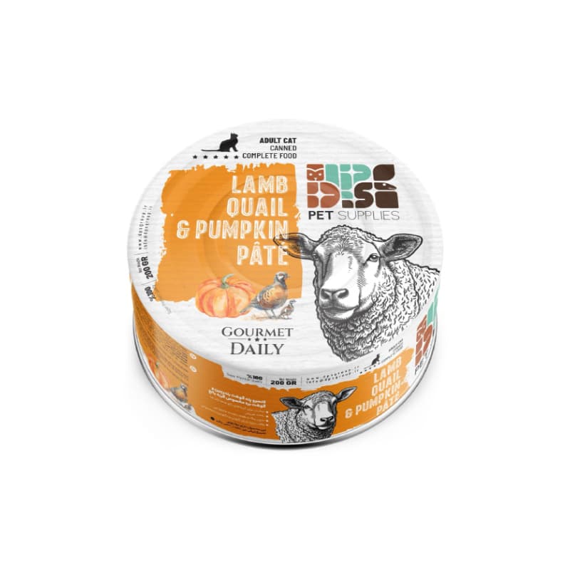 کنسرو غذای گربه دی پی اس مدل پته با طعم گوشت بره و بلدرچین و کدو وزن 200 گرم