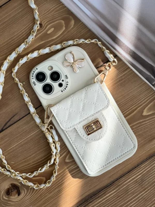 قاب موبایل آیفون بند زنجیری بلند بالشتی پروانه ای جاکارتی دار