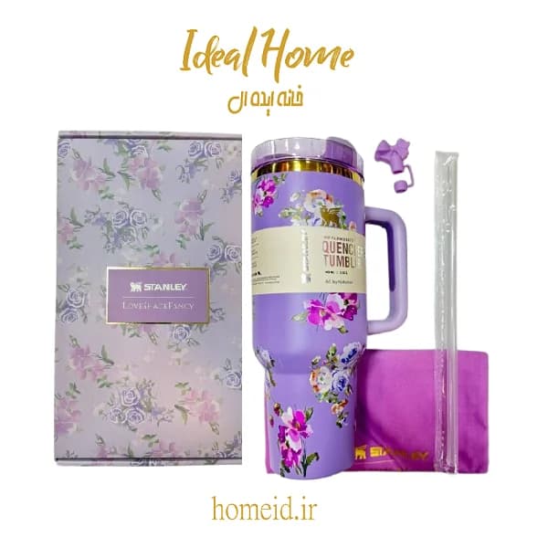 تراول ماگ استنلی گلدار با جعبه کادویی رنگ بنفش -تراول ماگ استنلی طرح گل _ تامبلر استنلی طرح گل +باکس هدیه ، ماگ استنلی پاپیونی