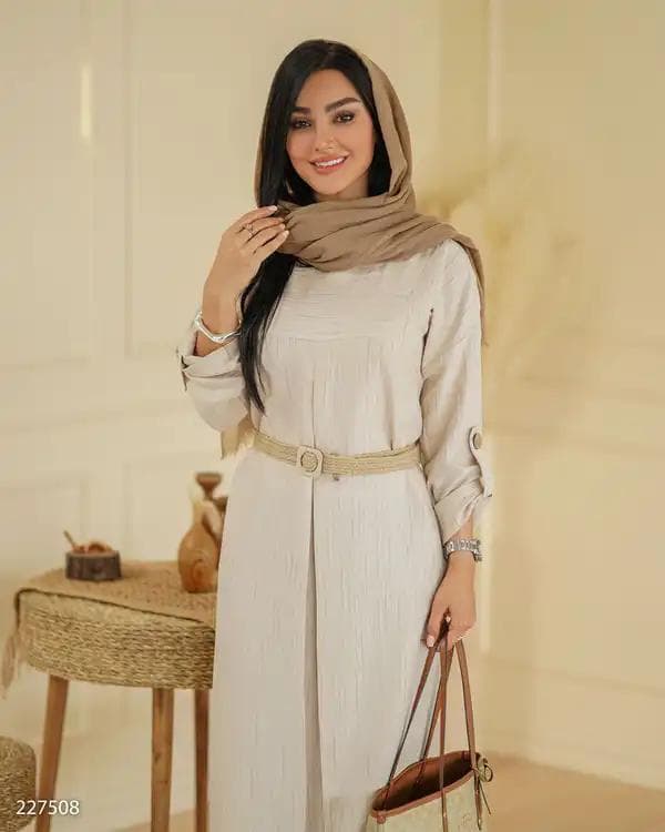 کفتان بلند زنانه کرم مدل کمربند دار آواز السانا Elsana کد 2275