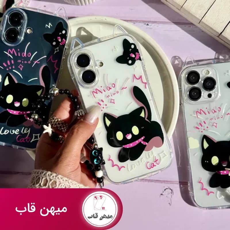 قاب گوشی دخترانه گربه مشکی گوش دار با آویز - کد (۱۳۰۸۱۲)