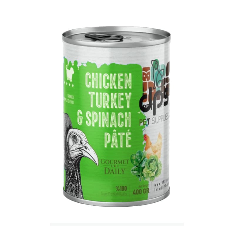 کنسرو غذای بچه گربه دی پی اس مدل پته با طعم گوشت مرغ و بوقلمون و اسفناج وزن 430 گرم