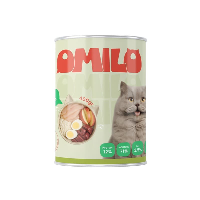 کنسرو غذای گربه اومیلو مدل نچرال با طعم گوشت مرغ و سیب وزن 400 گرم