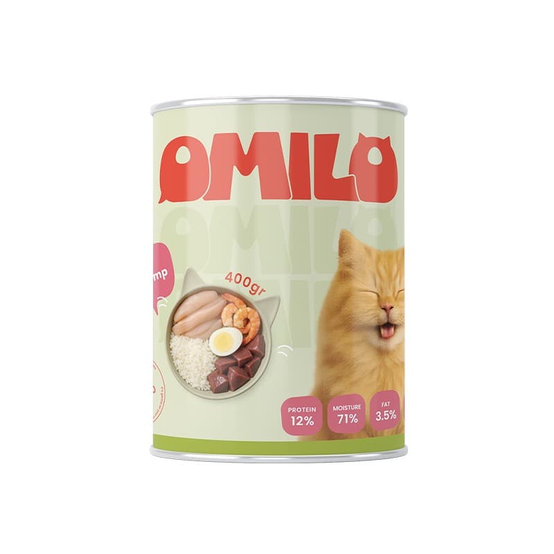 کنسرو غذای گربه اومیلو مدل نچرال با طعم گوشت مرغ و میگو وزن 400 گرم