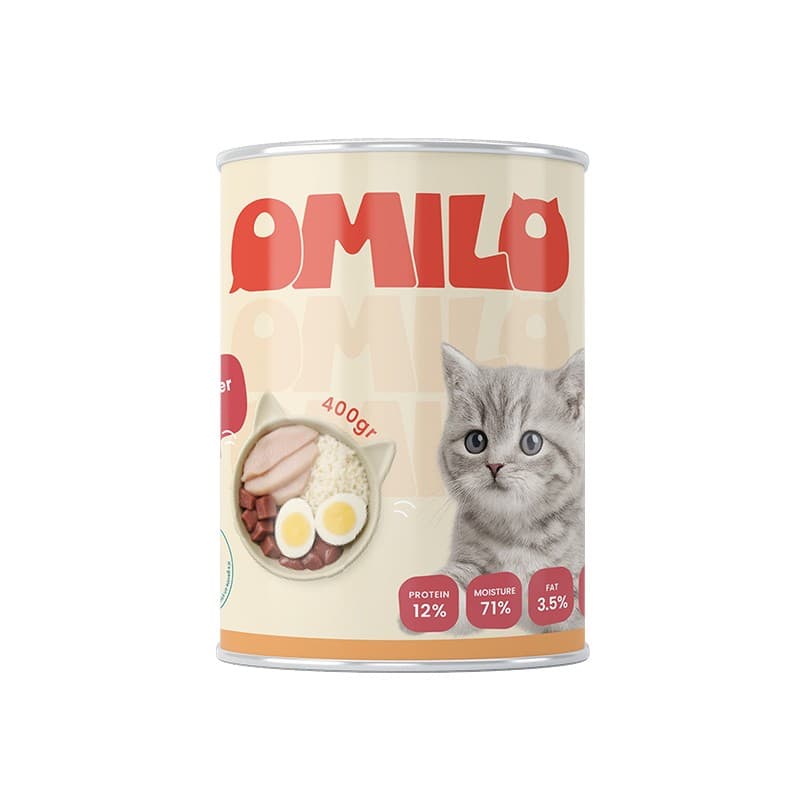 کنسرو غذای گربه اومیلو پته با طعم مرغ و جگر وزن 400 گرم