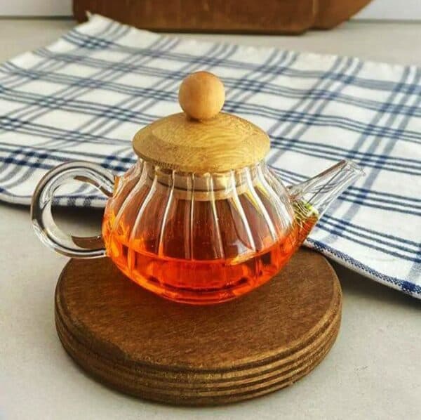 قوری پیرکس زعفران درب چوبی