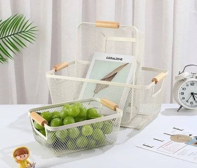 سبد فلزی مستطیلی دو دسته طرح ایکیا- رنگ کرم