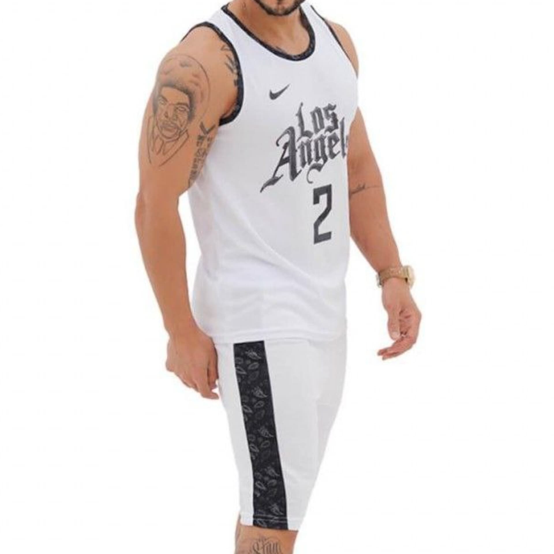 ست مردانه حلقه ای و شلوارک بلند Los Angeles سفید