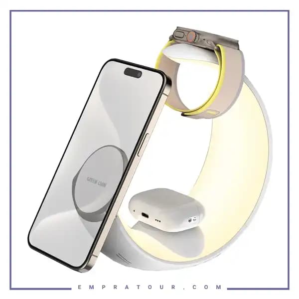 شارژر وایرلس و چراغ مهتابی 4 کاره گرین لاین Green Lion Moon Charge 4 in 1 Wireless Charger GNMONCHSWH