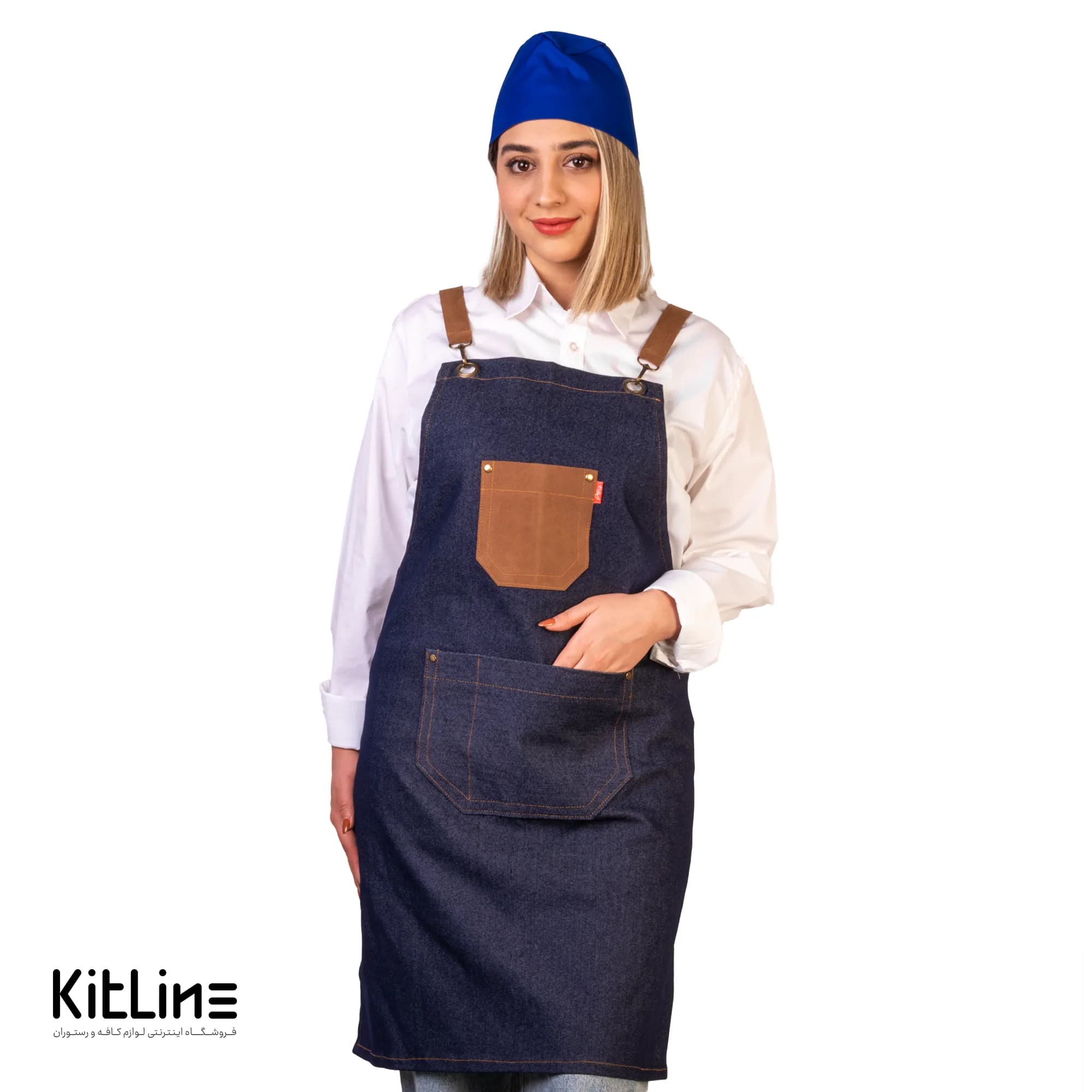 پیشبند جین سه جیب آبی با بند قهوهای آریا