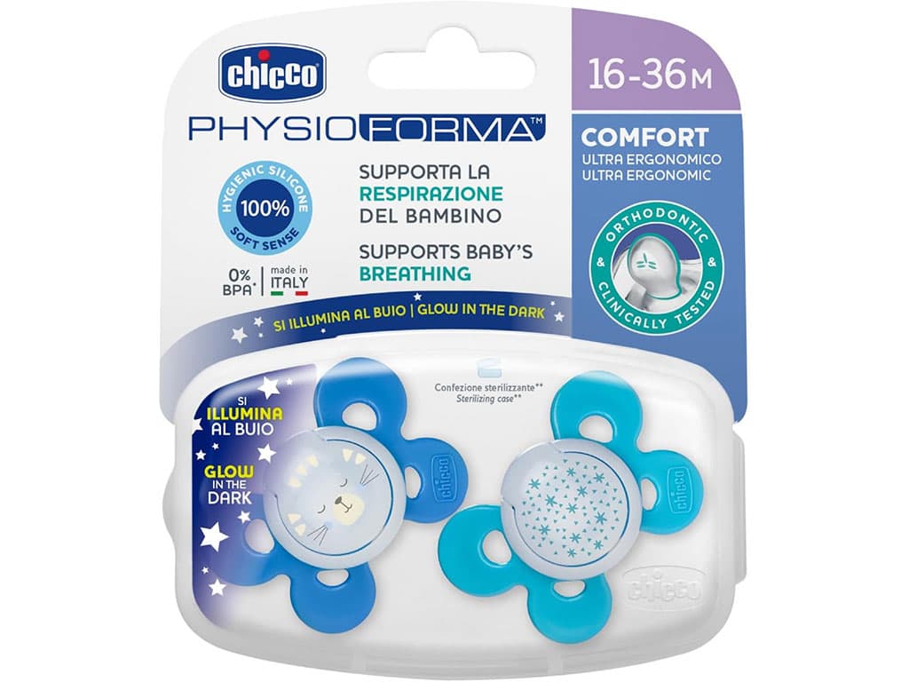 پستانک سیلیکونی ارتودنسی 2 عددی مدل فیزیو کامفورت شبرنگ 16 الی 36 ماه چیکو CHICCO