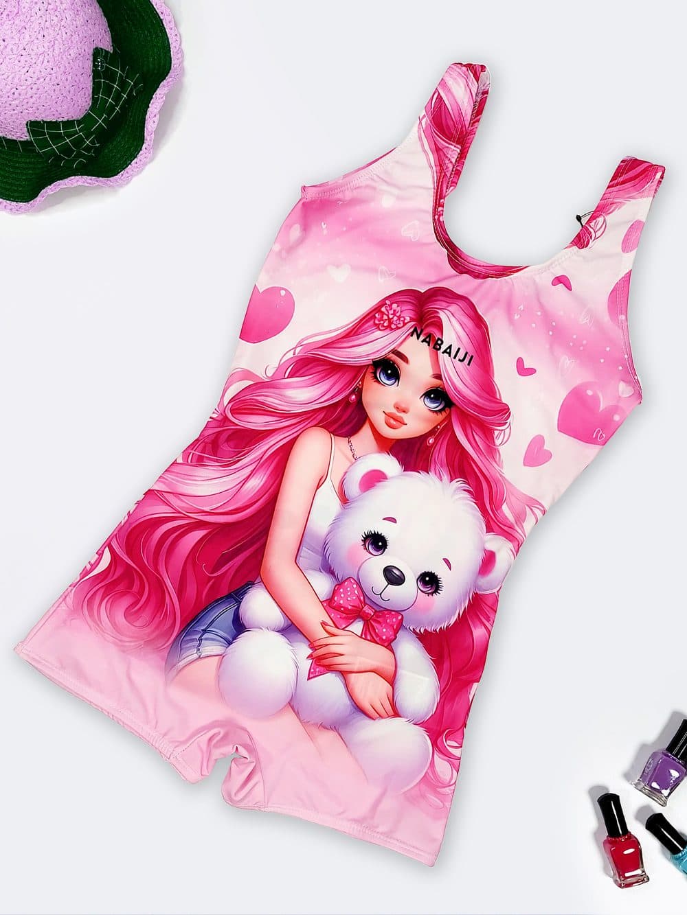 مایو دخترانه نوجوان پادار پوشیده شیک صورتی رنگ برای استخر نابایجی ( Nabaiji )