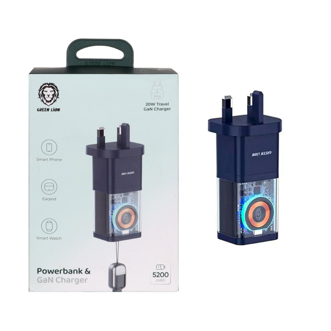 پاوربانک و شارژر دیواری فست Green Lion 5200mAh مدل GNPBGANCH5KBL – آبی