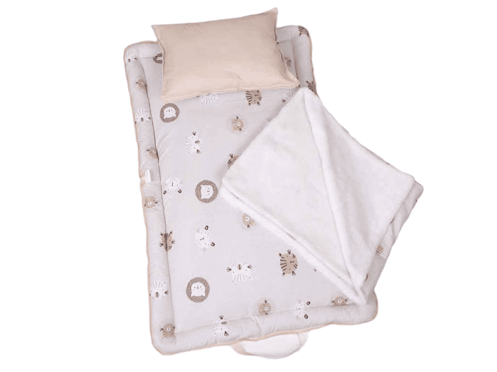 سرویس خواب دم دستی مسافرتی نوزادی مجموعه 3 عددی تشک، لحاف و بالشت با بسته بندی کیفی طرح گربه نسکافه ای الا ELA