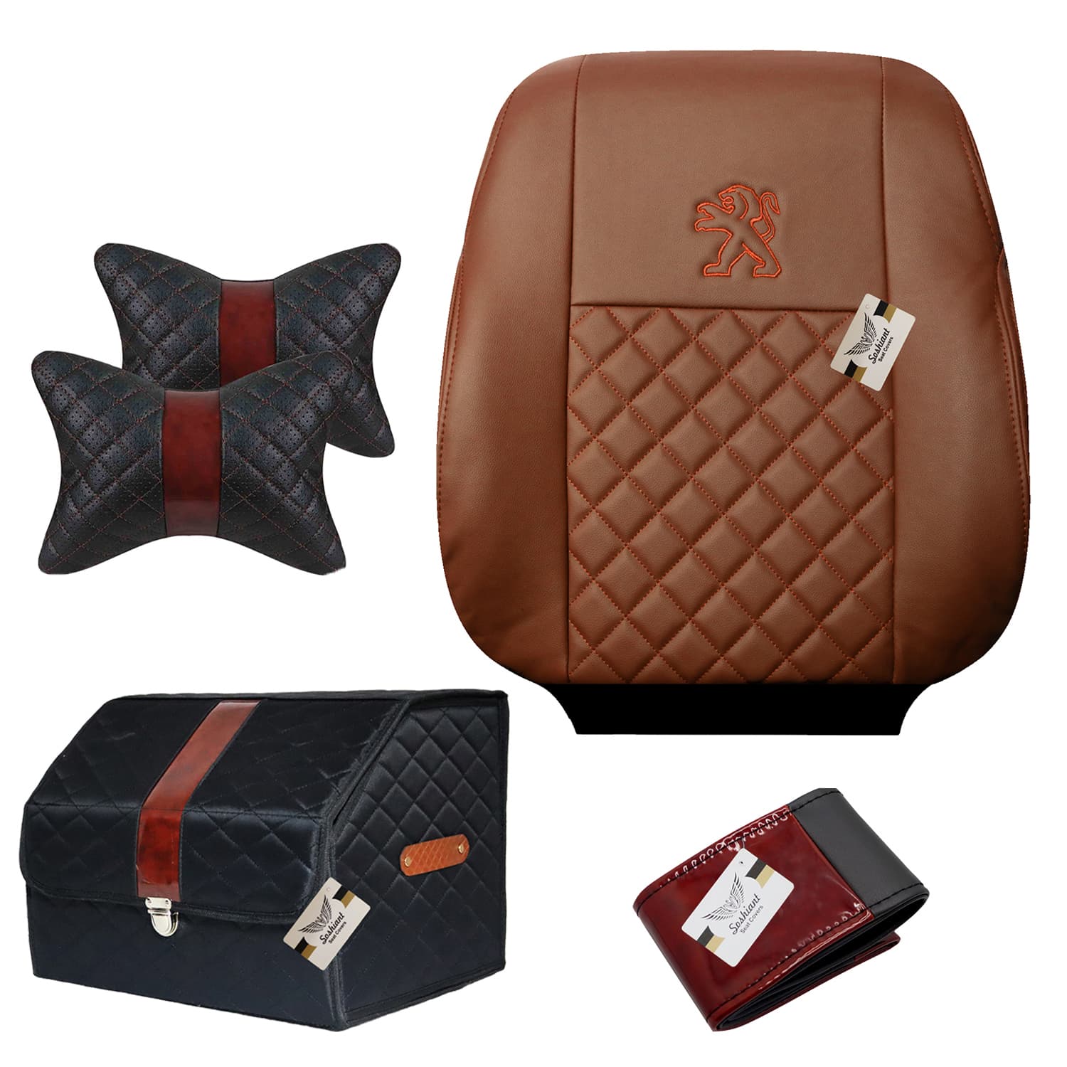 روکش صندلی پژو 405 صندلی جدید چرمی برند سوشیانت مدل مارال مناسب به همراه پشت گردنی و جعبه نظم دهنده و دور فرمان