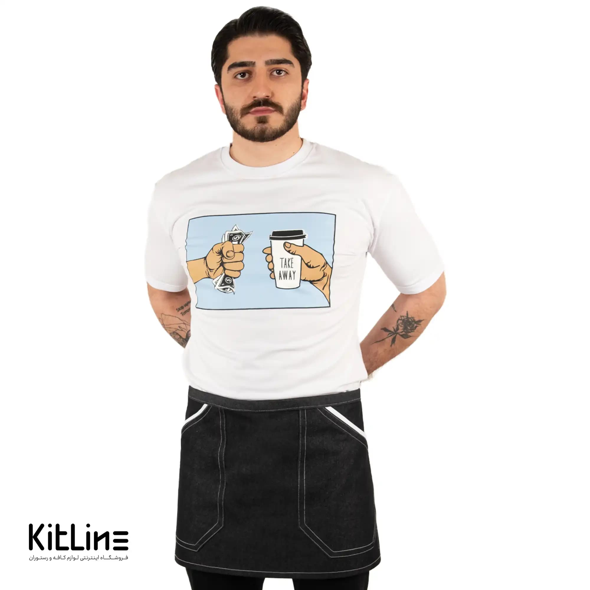 نیم پیشبند جین مشکی دو جیب نوار سفید SS-UNIFORM