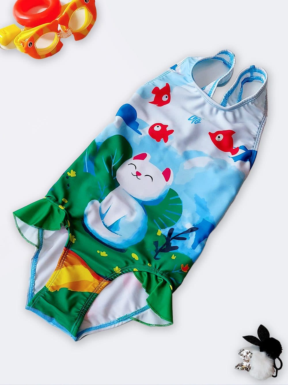 مایو دخترانه بچگانه طرح گربه خندان مدل پشت بند قهرمانی اسلیپ لایف ( Life ) سایز ۲ الی ۹ ساله