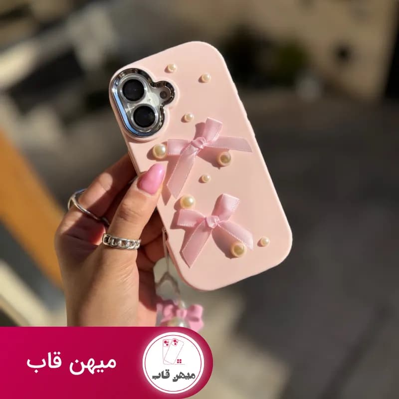 قاب گوشی پاپیون مروارید صورتی با آویز - کد (۷۲۸۸۴)