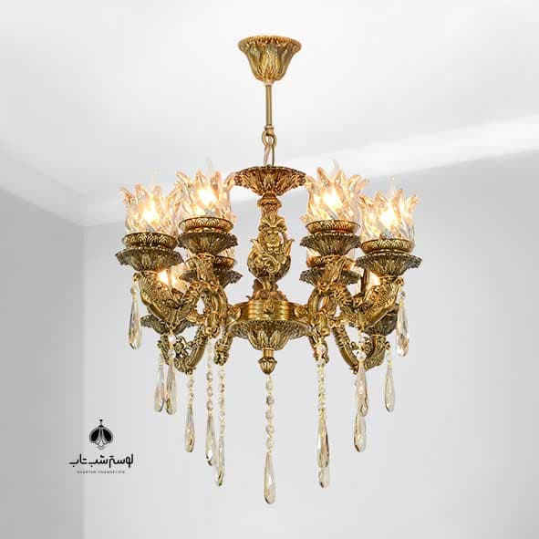 لوستر آویز 4 شاخه 8 شعله پانیذ شب تاب با لاله و کریستال