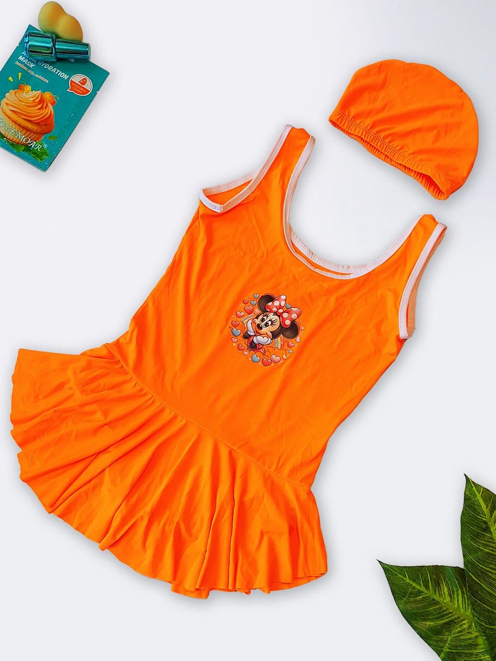 مایو دامن دار دخترانه بچه گانه برای استخر سرهمی و یکسره با کلاه اسپیدو ( Speedo ) نارنجی