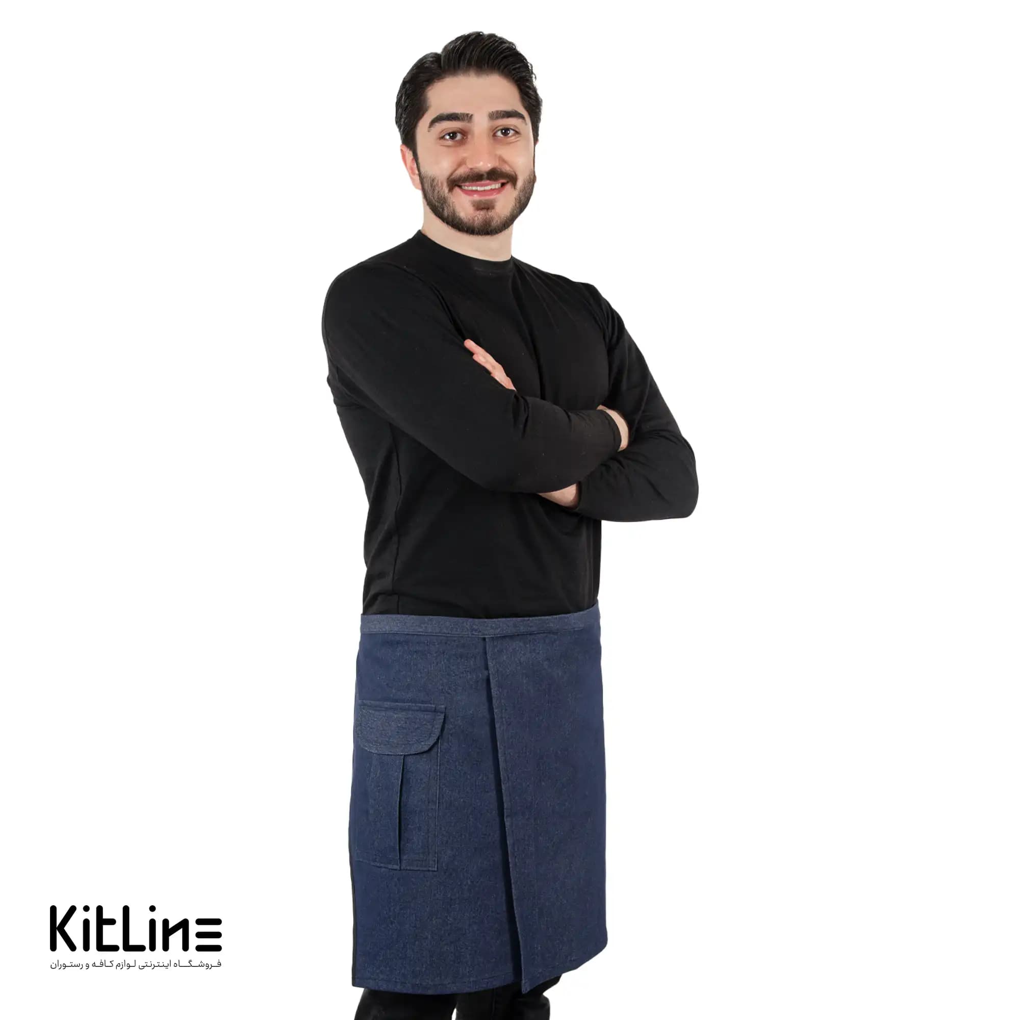 نیم پیشبند جین آبی جیب پاکتی نوار مشکی SS-UNIFORM