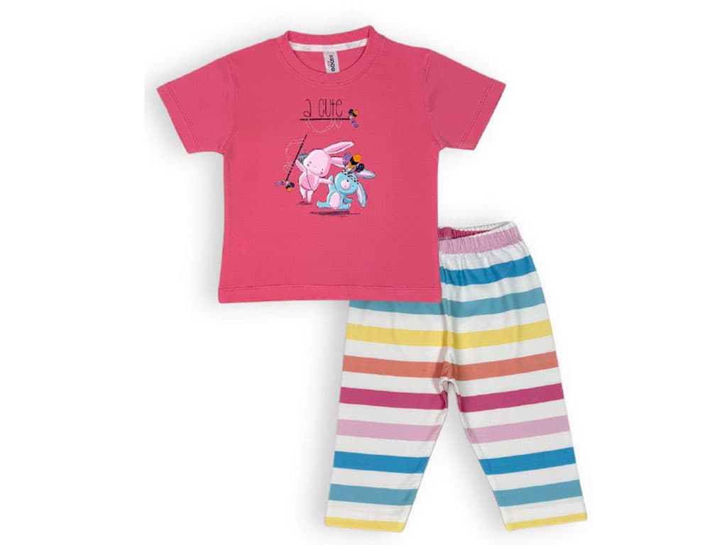 تیشرت و شلوار دخترانه رنگ صورتی پررنگ طرح خرس و خرگوش سرخ پوست کیدومکس kido max