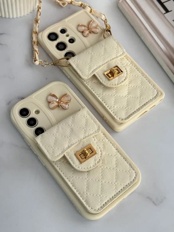 قاب موبایل سامسونگ بند زنجیری بلند بالشتی پروانه ای جاکارتی دار