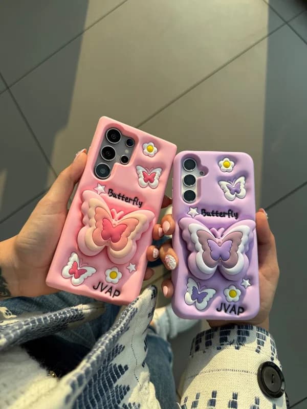 قاب گوشی سامسونگ پروانه صورتی و بنفش سیلیکونی پاپ سوکتی