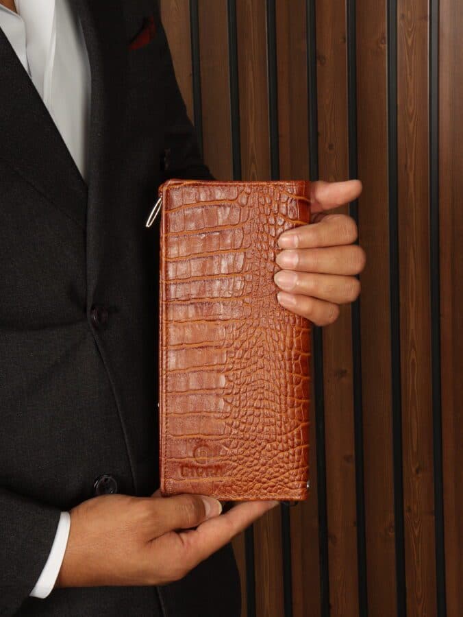 کیف دسته چک مردانه چرم طبیعی کروکودیلی بیورا مدل KDCH02