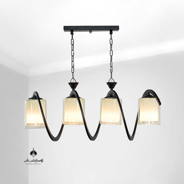 لوستر آویز فنری شب تاب 4 شعله مشکی با حباب