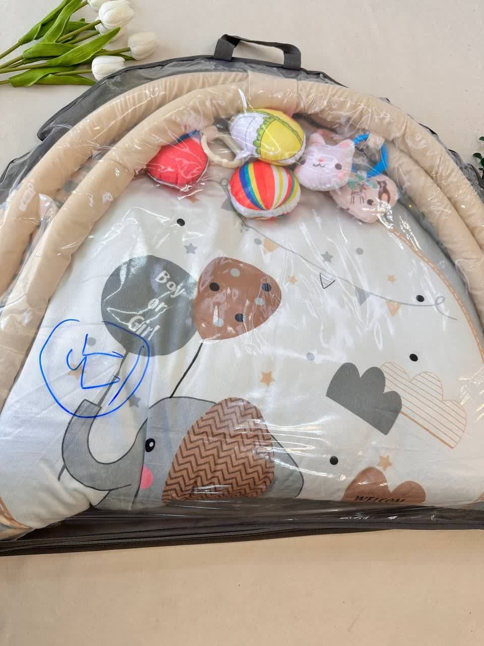 تشک بازی مخمل دایره طرح فیل فانتزی کرمی نوزادی و کودک کد 91042