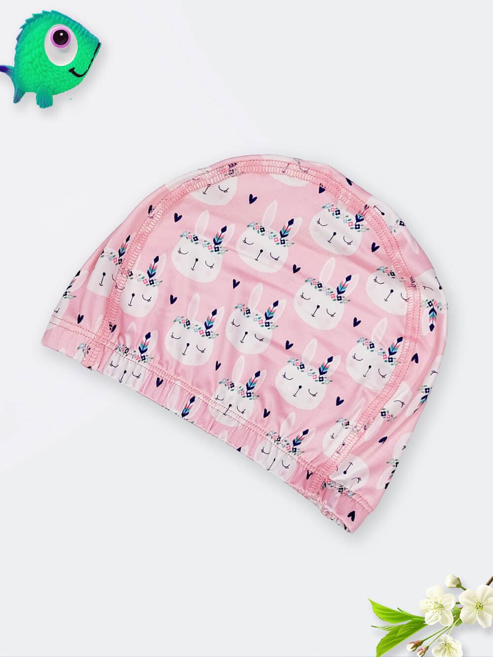 کلاه شنا پارچه ای بچگانه صورتی رنگ با طرح خرگوش