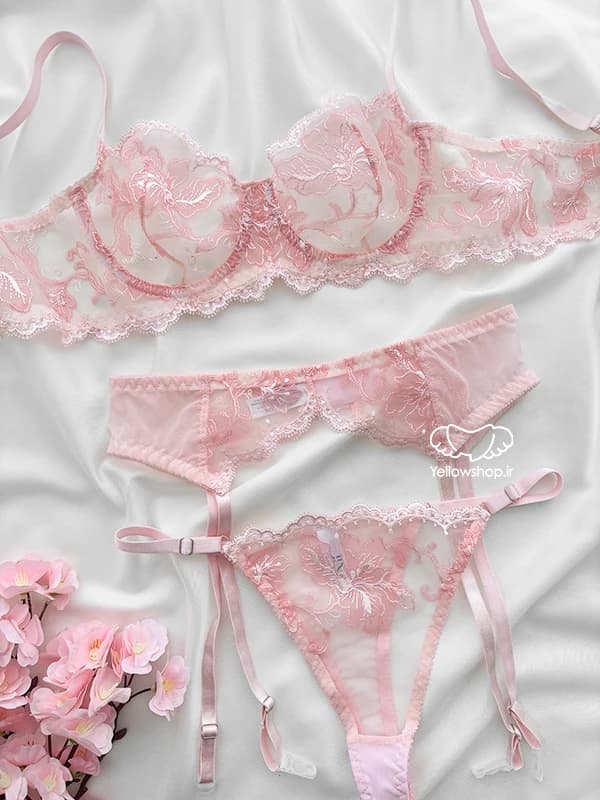 ست شورت و سوتین سه تیکه گیپوری صورتی ژینا کد 25123