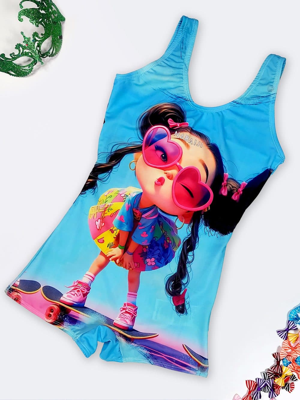 مایو دخترانه نوجوان نیمه پوشیده پادار طرح دختر اسپرت دامنی نابایجی ( Nabaiji ) آبی