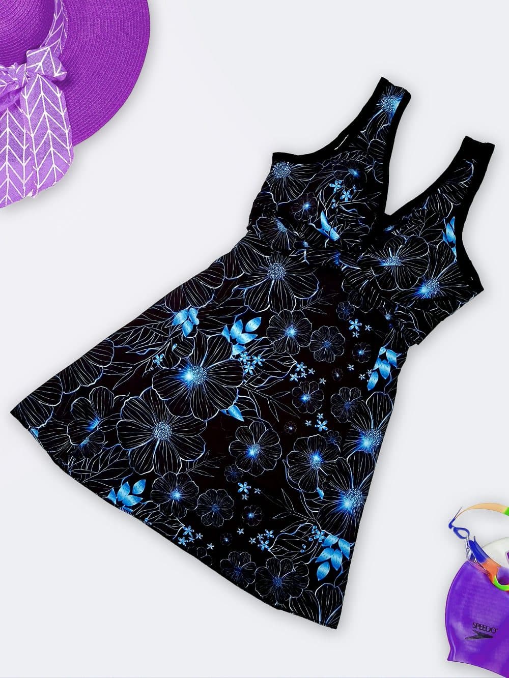 مایو دامن دار زنانه مشکی طرحدار و کاپدار برند اسپیدو ( Speedo ) برای استخر شنا