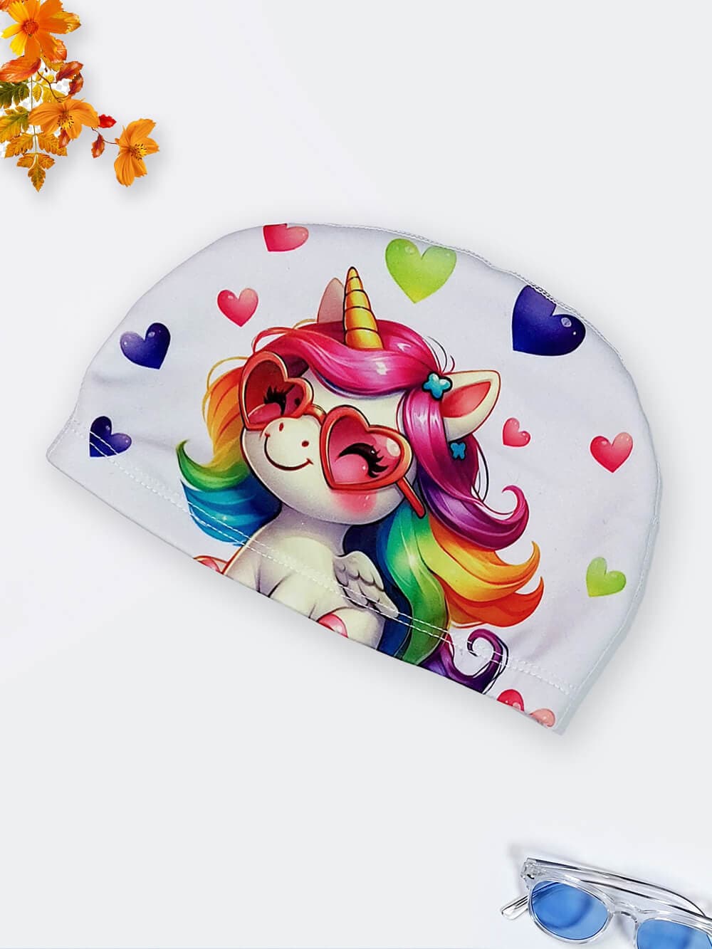 کلاه استخر دخترانه بچه گانه طرح اسب تک شاخ سفید رنگ با جنس پارچه ای ضد کلر