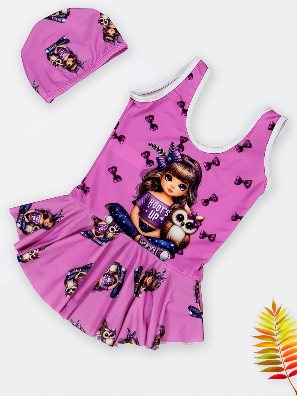 مایو بچه گانه دخترانه پوشیده دامنی صورتی و طرح دختر ناز و پرنده اسپیدو ( Speedo )